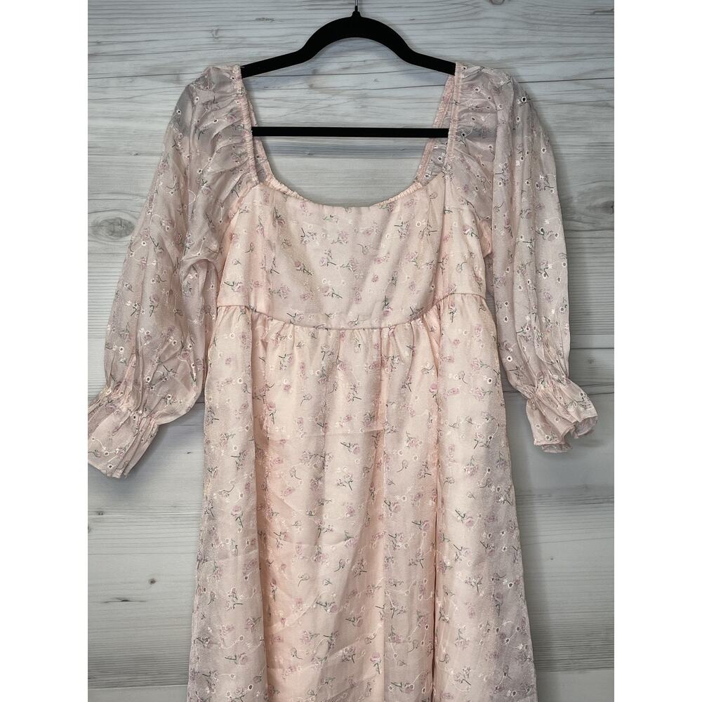 Thirty Thirty LA Dress Womens Medium Floral Embroidered Mesh Overlay Puff Sleeve - Picture 2 of 10